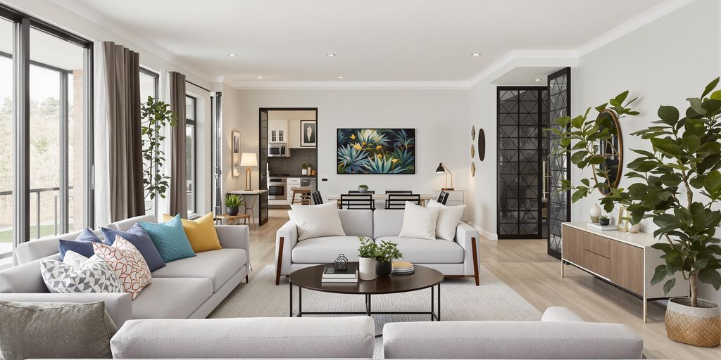Modern living room with stylish decor and bright colors.