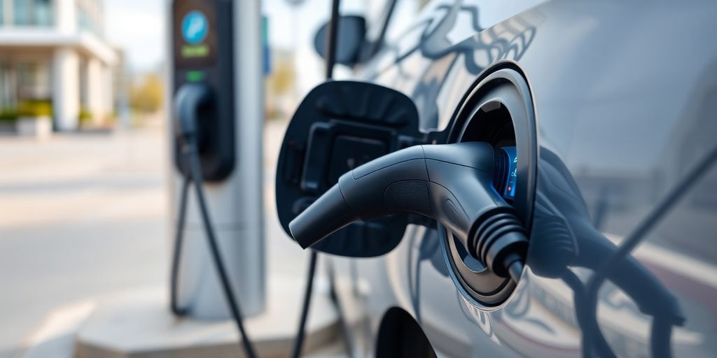 Electric vehicle charging at a modern charging station.