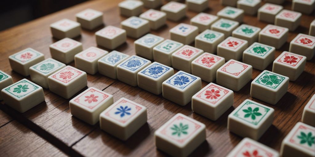 Mahjong honor tiles displayed in an organized manner on table.