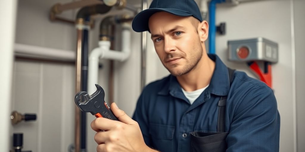 Plumber working on pipes with tools in a clean space.
