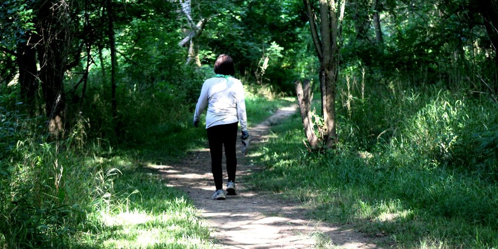 A person walking down a path in the woods
