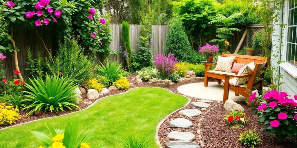 Lush backyard with colorful flowers and cozy seating area.