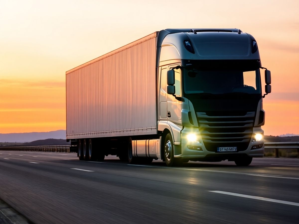 Camion pe o autostradă, soare apunând