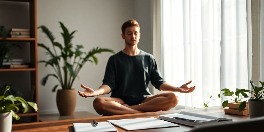 Person meditating in a peaceful workspace with greenery.