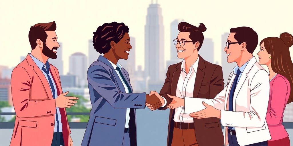 Diverse professionals shaking hands before colorful Milwaukee city skyline backdrop.