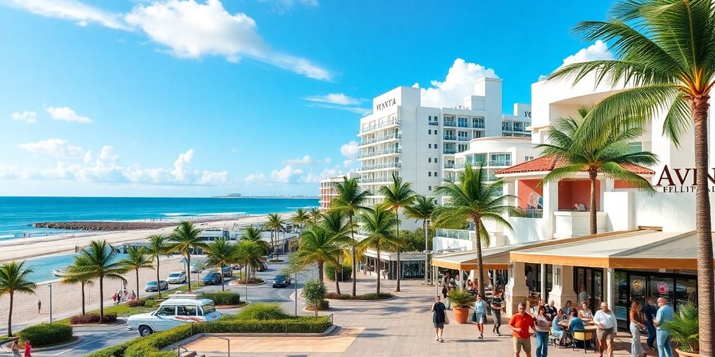 Coastal view of Aventura, Florida with palm trees.