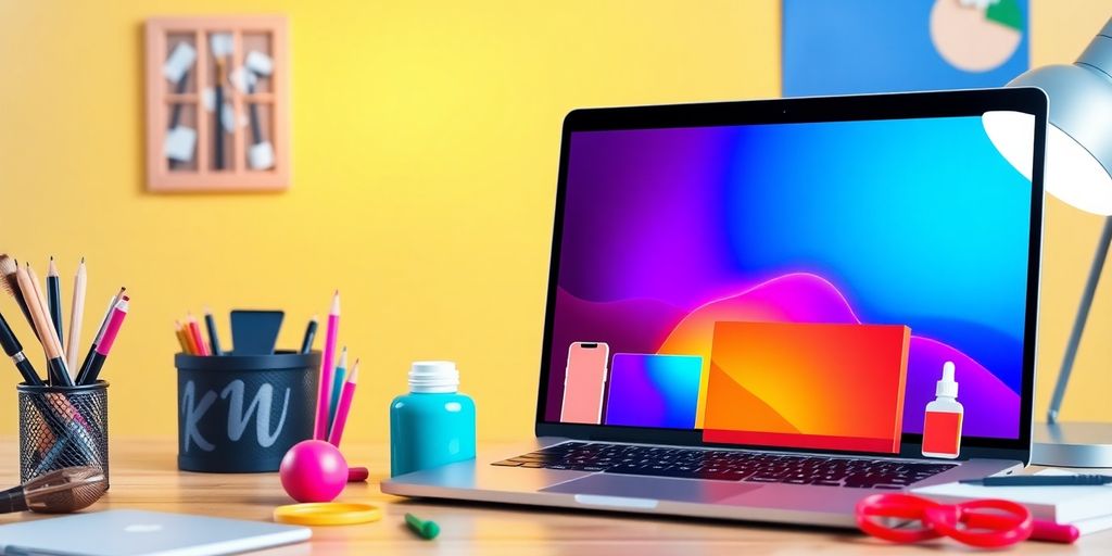 A laptop with digital product mockups around it.