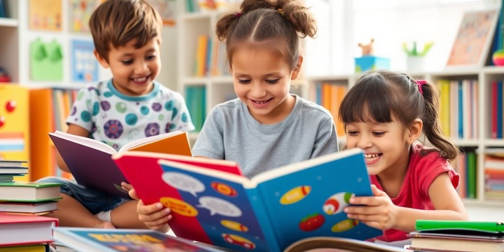 Children engaged in learning with colorful books and tools.