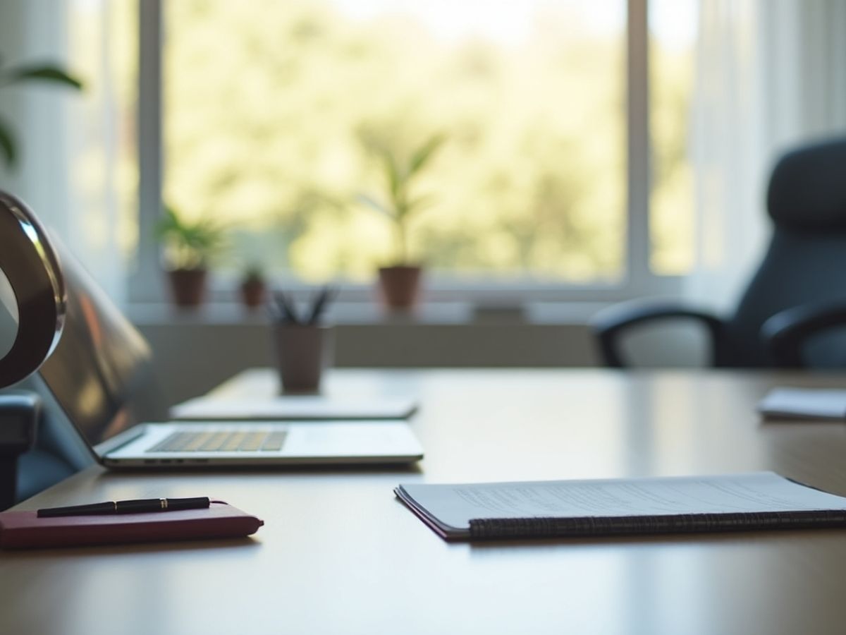 Birou cu laptop și mobilă profesională.