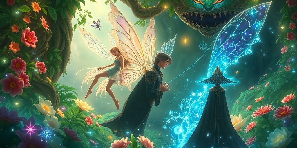 Reino das fadas com um príncipe e uma fada intrigantes.