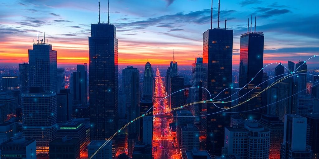 City skyline with digital blockchain networks overlaying buildings.