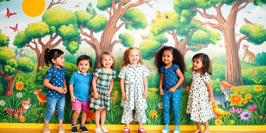 Children enjoying colorful nature-themed wall art.