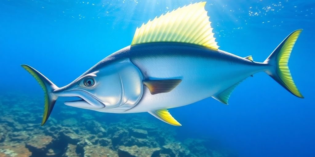 Kingfish swimming near rocky reef in clear Australian waters.