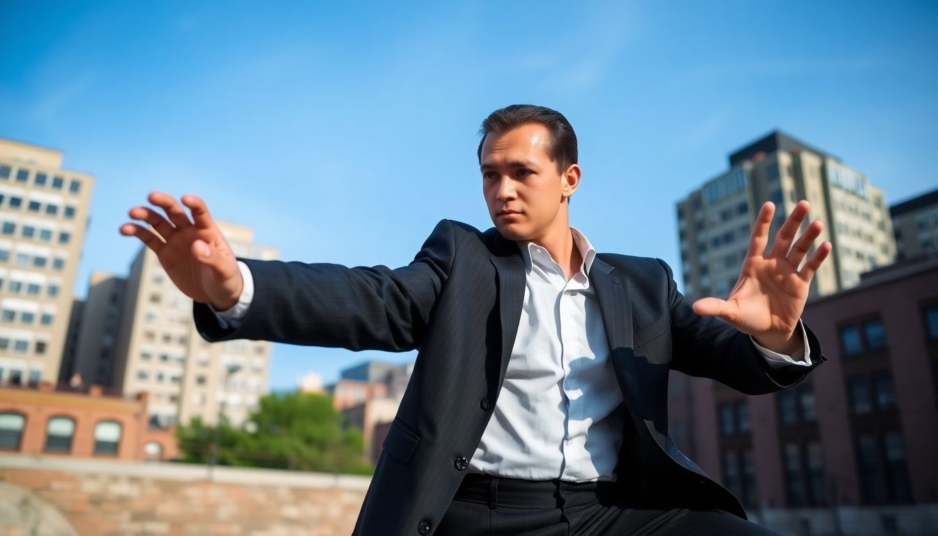 Private investigator practicing kung fu for fitness and focus.