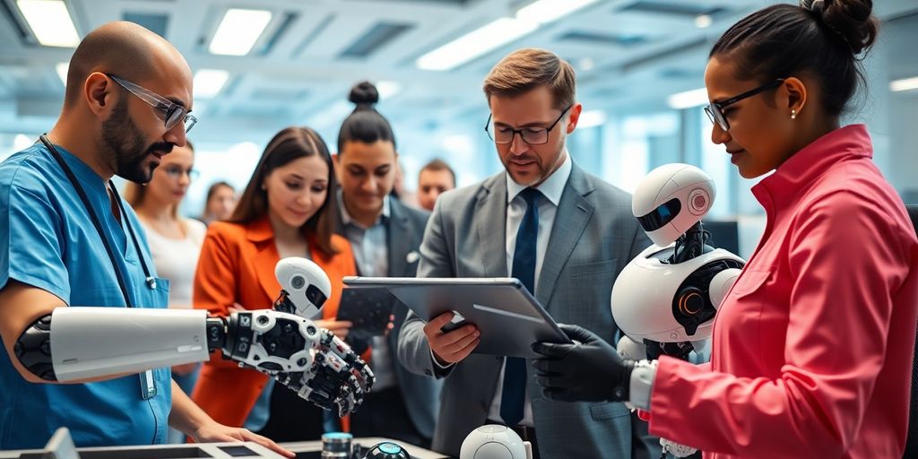 Robots working with diverse professionals.
