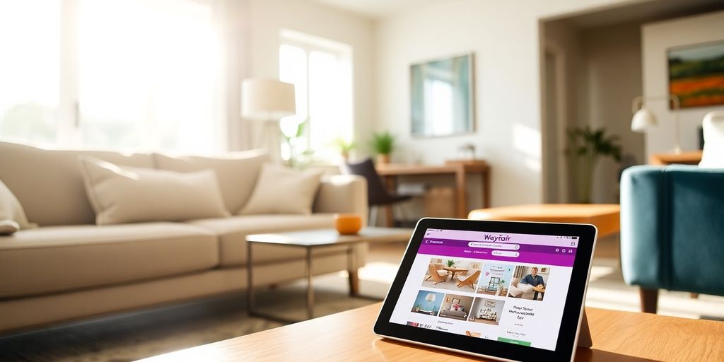 Cozy living room with furniture, shopping on tablet.