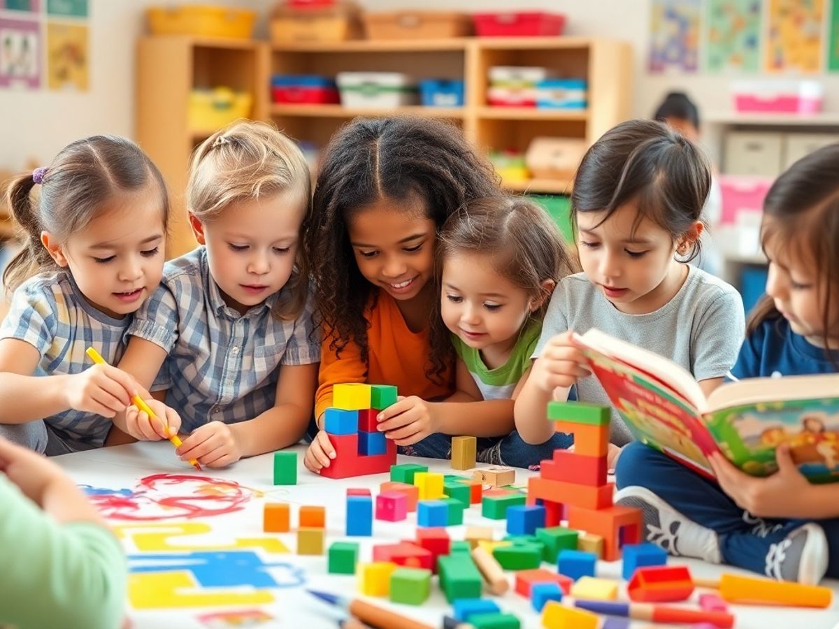 Copii jucându-se și învățând activități educaționale.