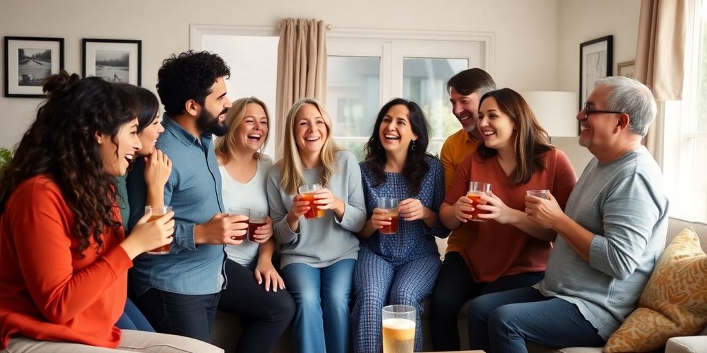 Diverse group laughing together in a warm, inviting home.