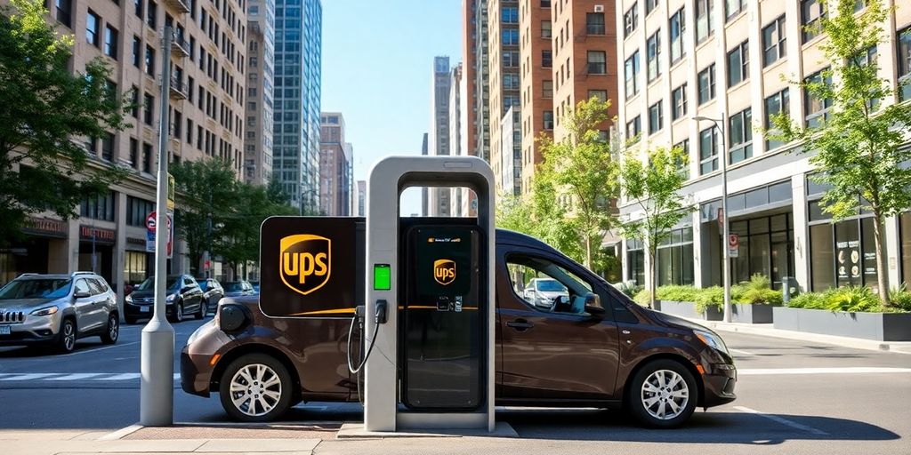 Electric vehicle charging station on a vibrant city street.