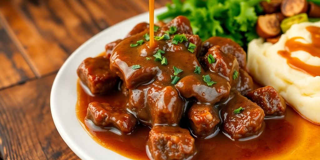 Beef tips with rich gravy and mashed potatoes on table.