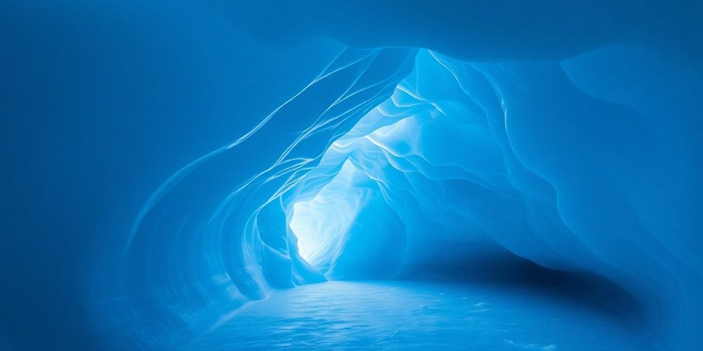 Blue glacier ice cave interior, glowing light.