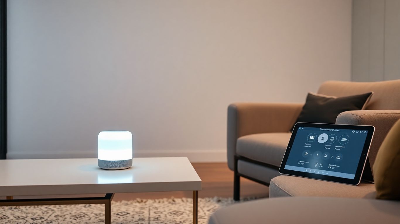 Modern living room with integrated smart home devices and tablet interface.