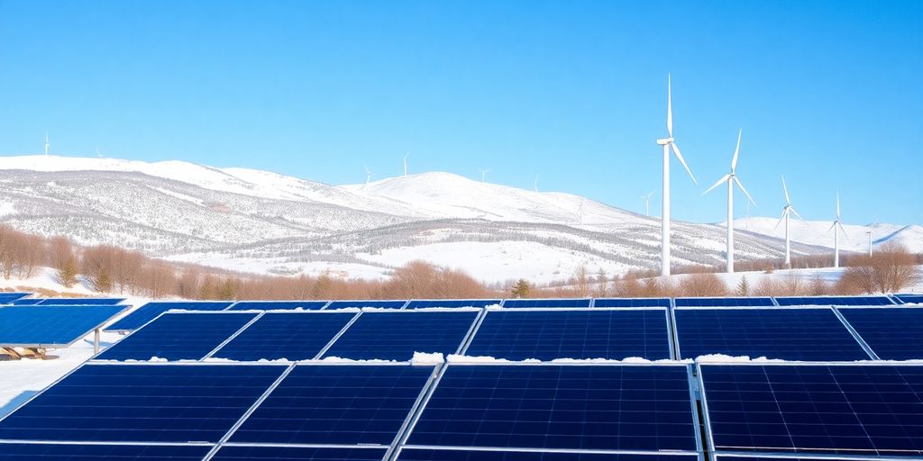 Panneaux solaires et éoliennes dans un paysage d'hiver.