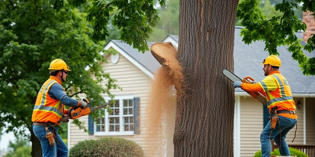 Tree being cut down by workers.