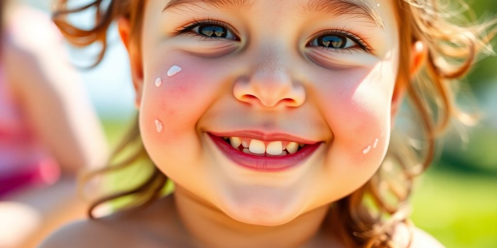 Child smiling with sunscreen on their face.