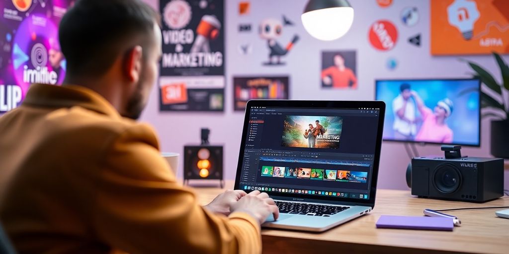 Creative professional editing marketing video with AI tools.