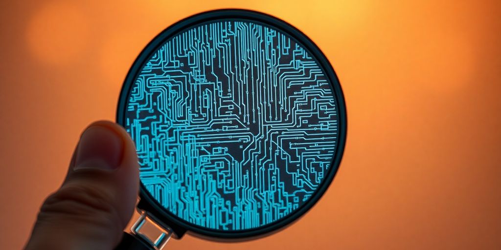 Magnifying glass over code, human element.