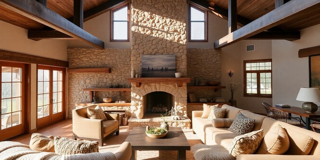 Cozy living room with rustic wooden furniture and decor.