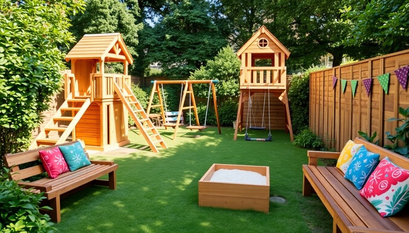 Family-friendly outdoor play area with wooden equipment.