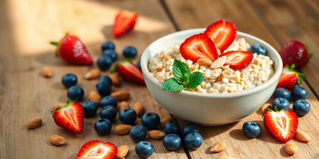 A bowl of oats with fresh berries.