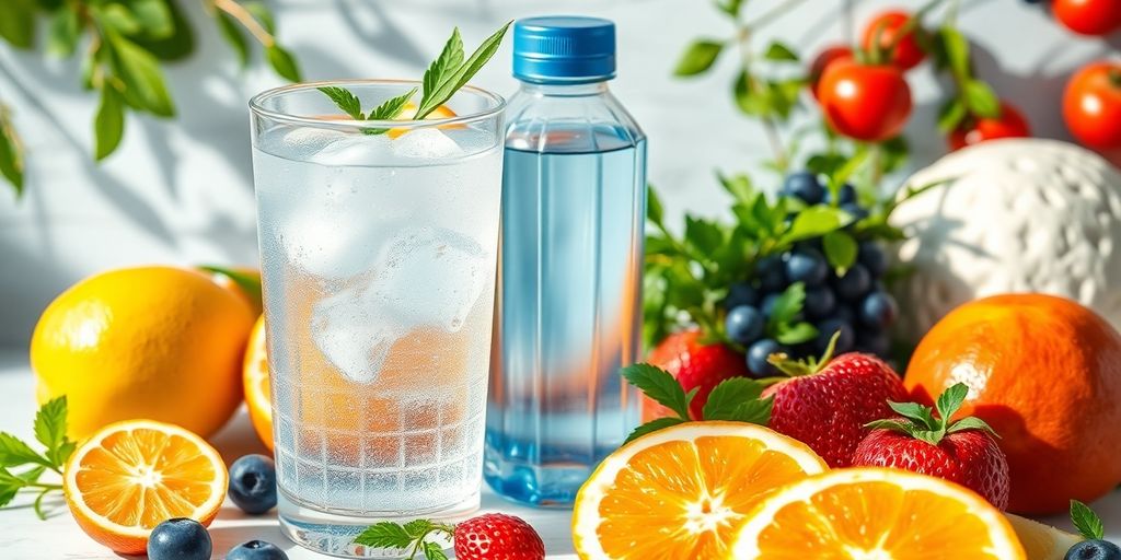 Glass of water with fruits and herbs on table.