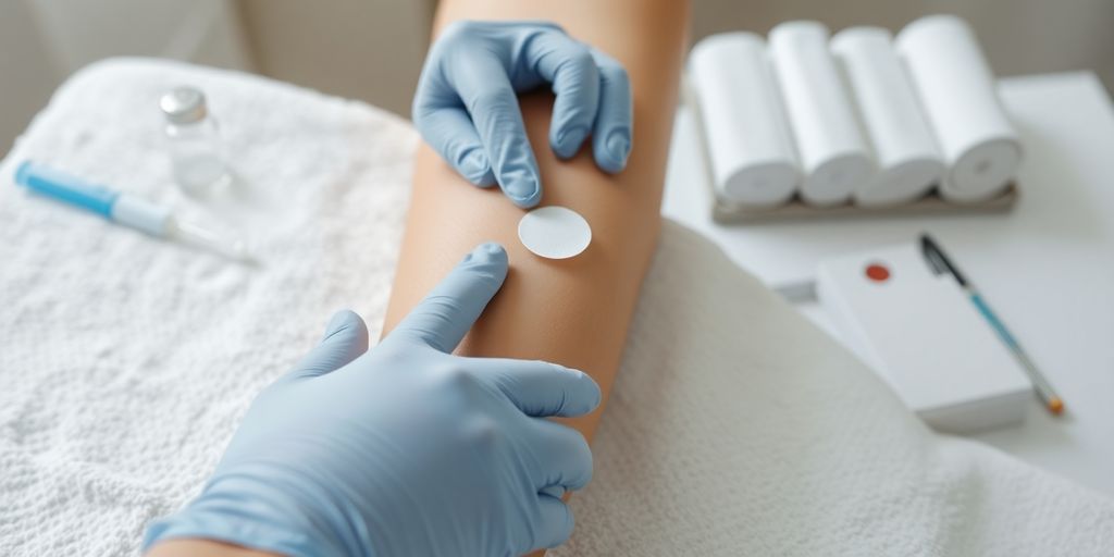 Gloved hand applying test patch to woman’s forearm in clinic