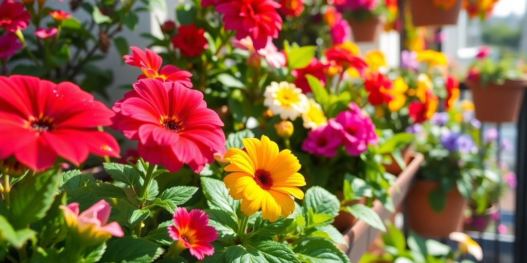 Balkon mit bunten Blumen, Bewässerung und Düngung
