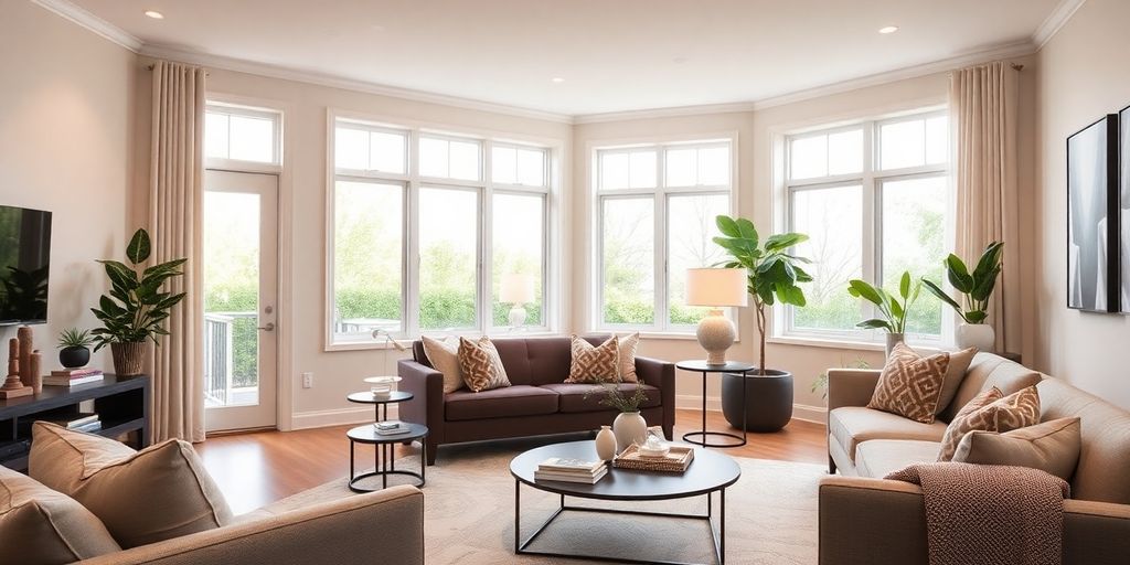 Modern living room with stylish decor and warm lighting.