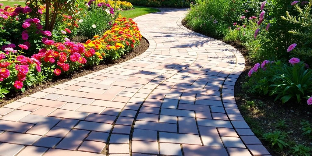 A picturesque paver walkway surrounded by vibrant greenery.