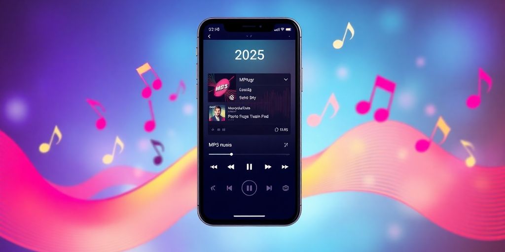 Smartphone with MP3 music downloader app and vibrant music notes.