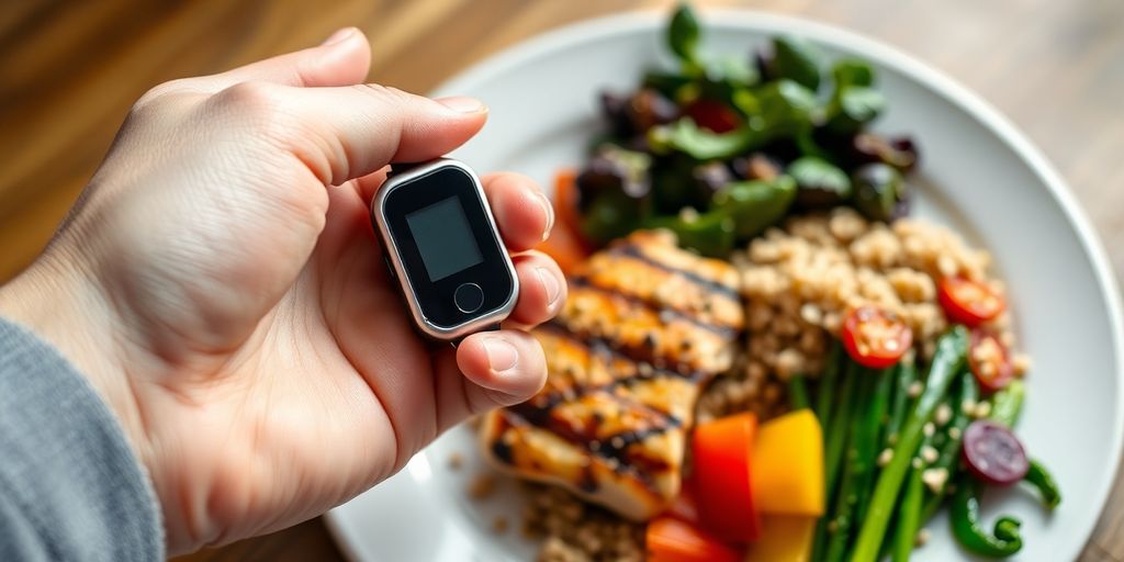 Person checking glucose monitor, healthy meal.