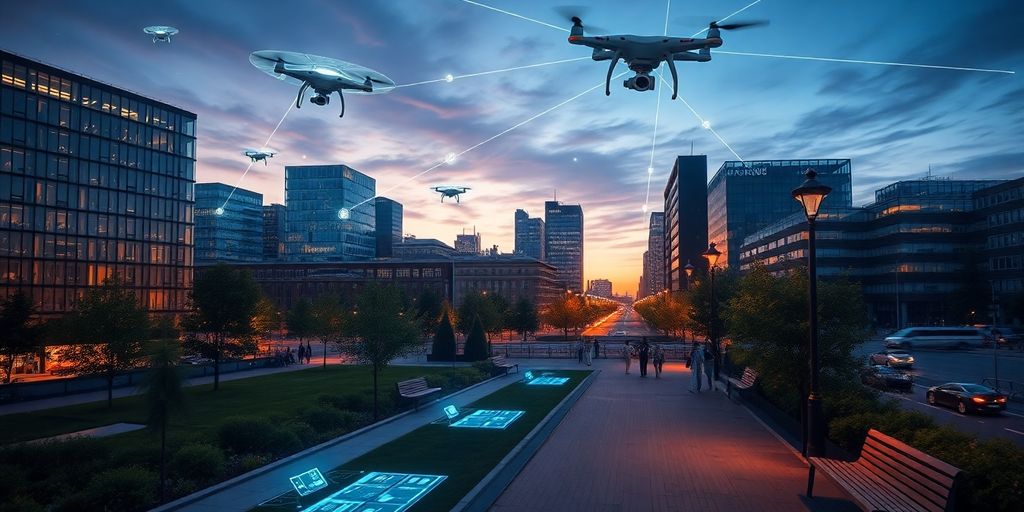 Smart city with green spaces and data.