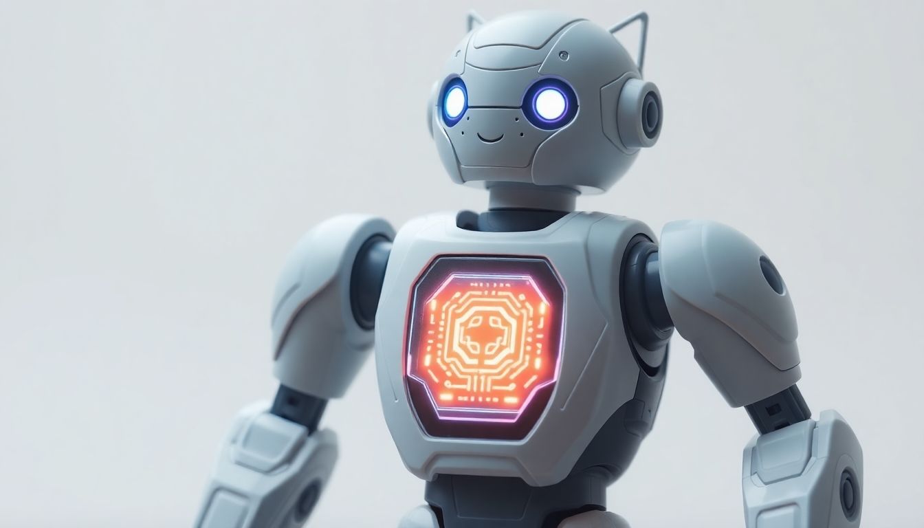Toy robot with glowing AI chip.