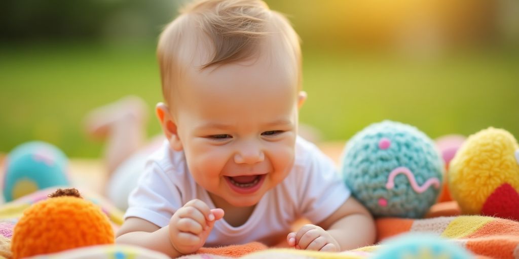 Happy baby on a colorful blanket with toys.