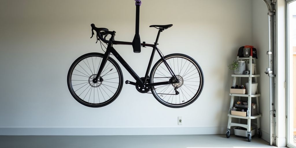 Sleek bike hanger with a bicycle in a tidy garage.