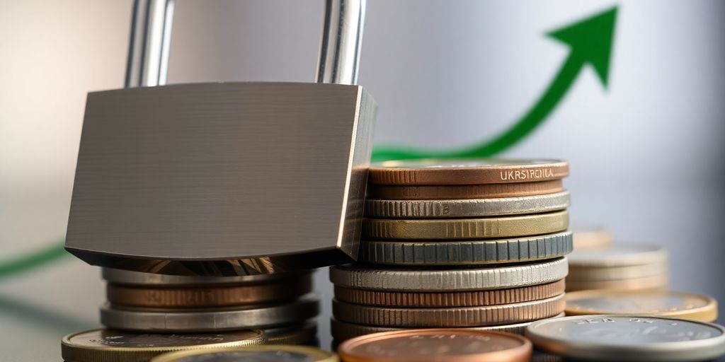 Coins stack, secure lock, growth arrow, financial safety.