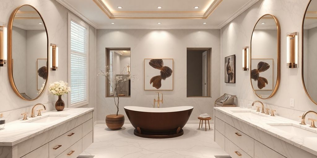 Luxurious bathroom with freestanding tub and marble countertops.