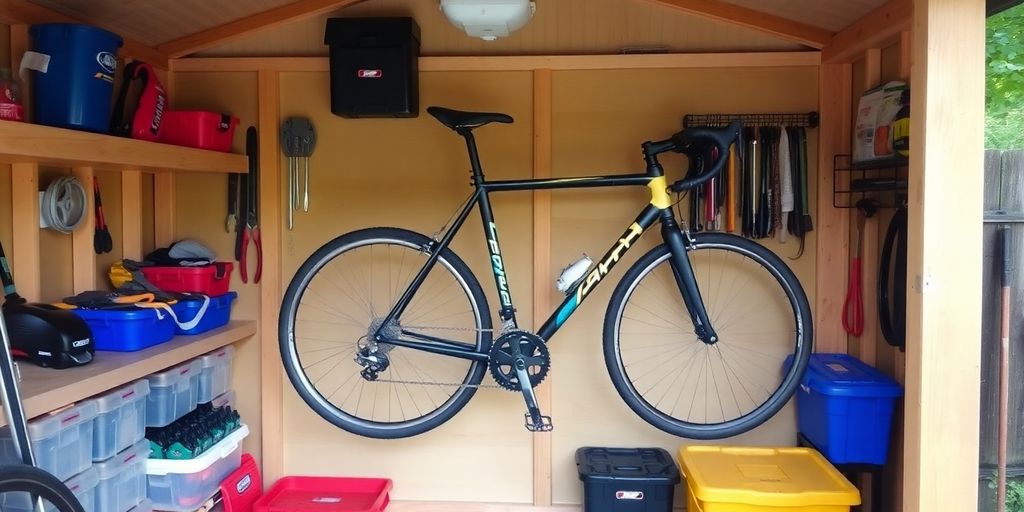 Bicycle mounted on a wall in a tidy shed.