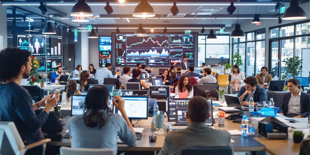 Profissionais colaborando em automação de marketing moderno.