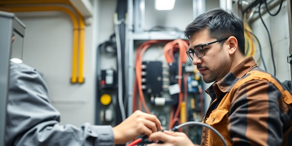 Técnico em eletrotécnica trabalhando em um painel elétrico.
